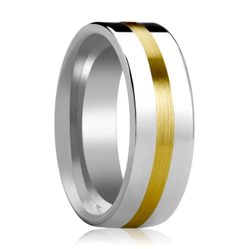 Harrisburg | Silver Tungsten Ring, 14K Yellow Gold Stripe Inlay, Flat 1