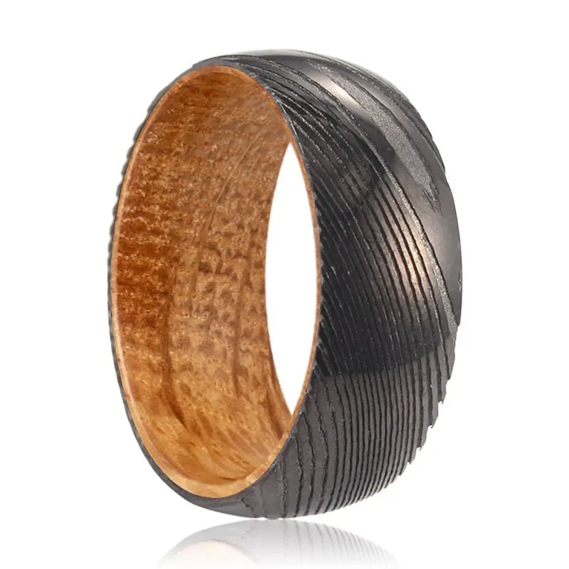 Harrod | Whiskey Barrel Wood, Gunmetal Damascus Steel Ring, Domed 1