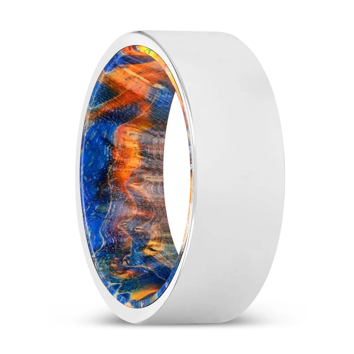Hartman | Blue & Yellow/Orange Wood, Silver Tungsten Ring, Shiny, Flat 1