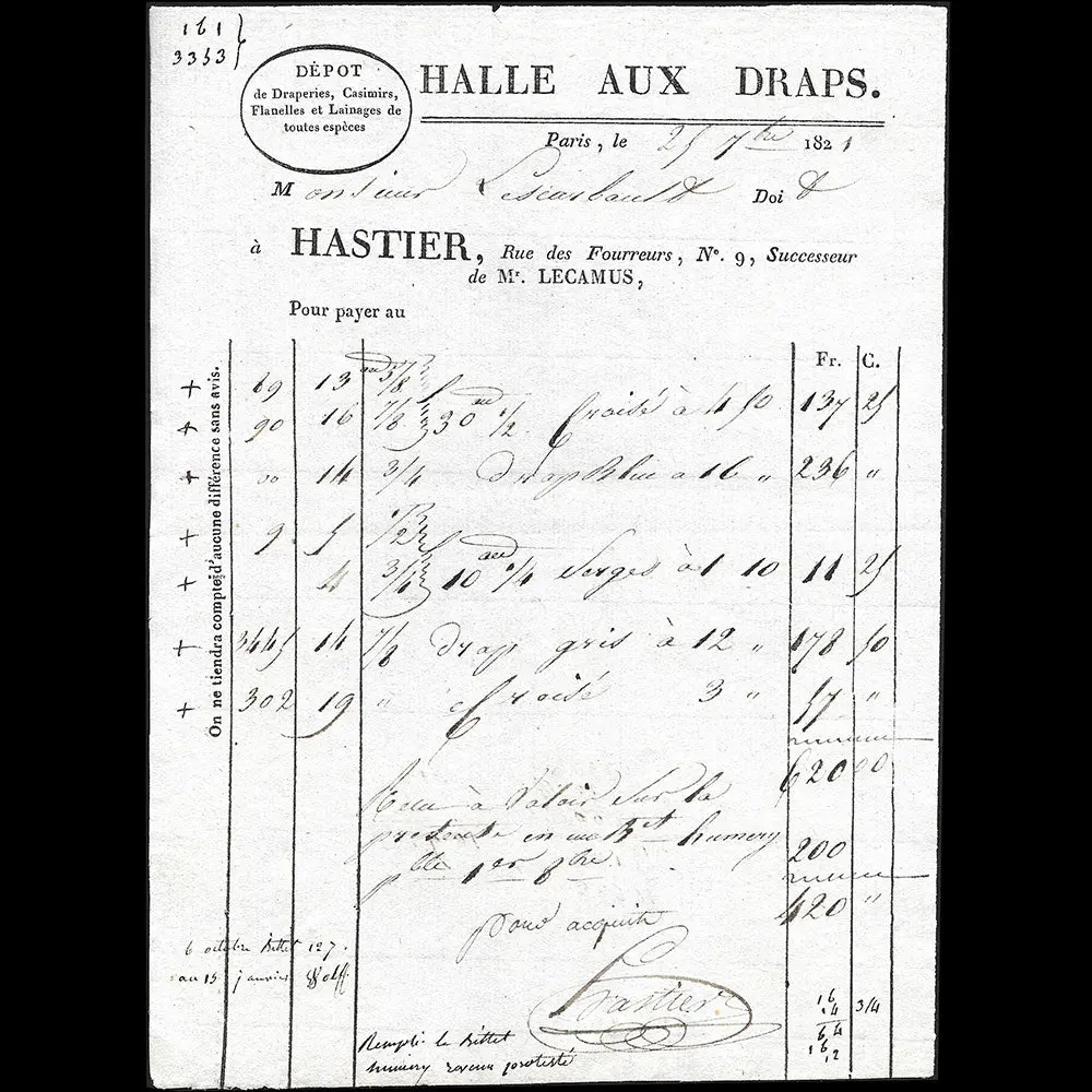 Hastier - Facture De La Halle Aux Draps, 9 Rue Des Fourreurs À Paris (1821) 1