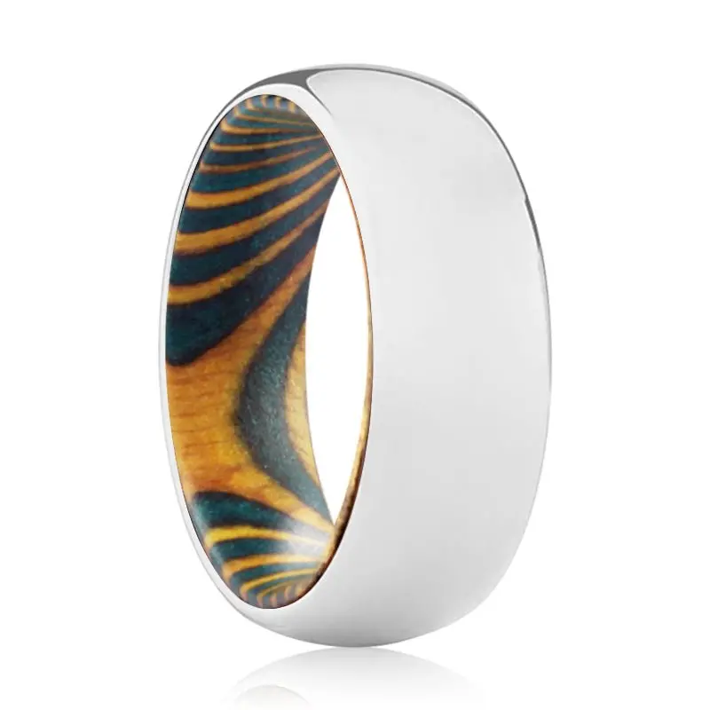 Havoc | Green & Yellow Wood, Silver Tungsten Ring, Shiny, Domed 1