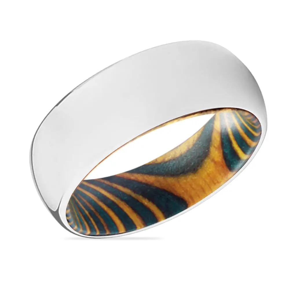 Havoc | Green & Yellow Wood, Silver Tungsten Ring, Shiny, Domed 2