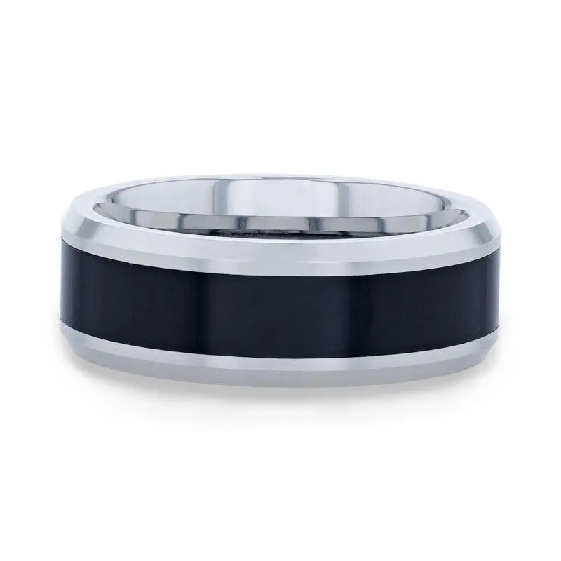 Hawk | Tungsten Ring, Black Ceramic Inlaid, Bevels Edges 4