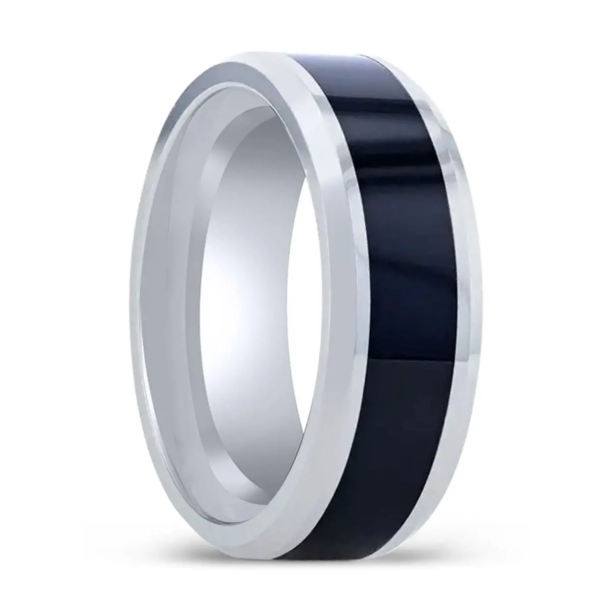 Hawk | Tungsten Ring, Black Ceramic Inlaid, Bevels Edges 1