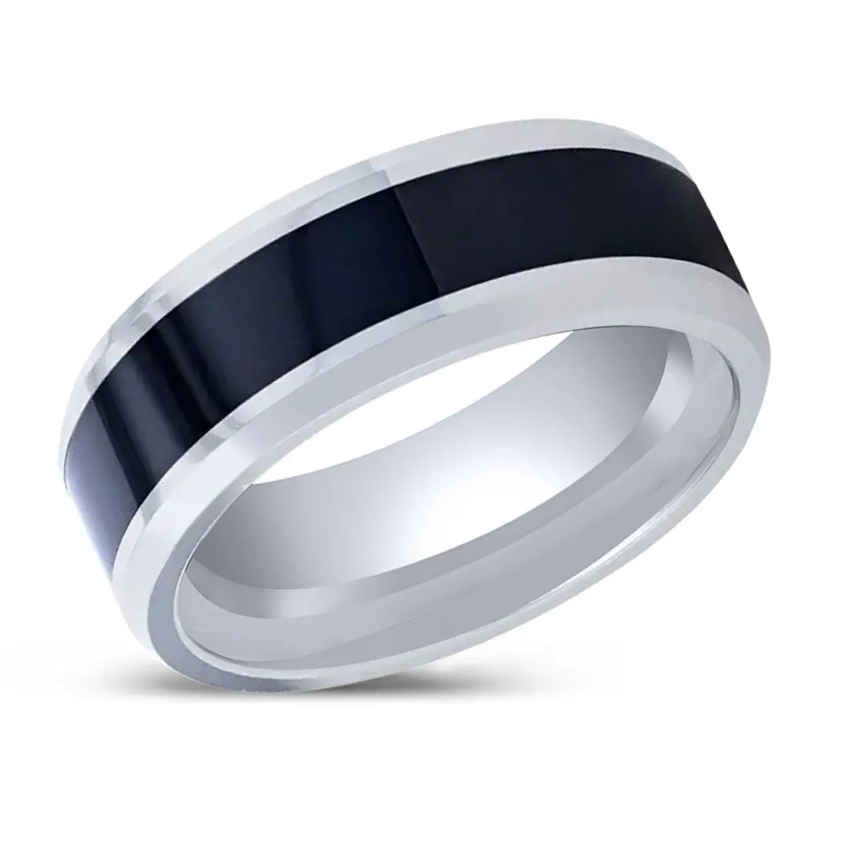 Hawk | Tungsten Ring, Black Ceramic Inlaid, Bevels Edges 2