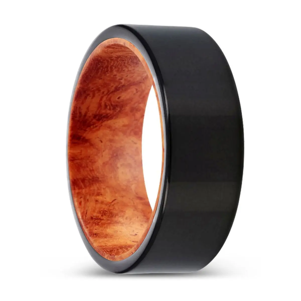 Hawkes | Red Burl Wood, Black Tungsten Ring, Shiny, Flat 1
