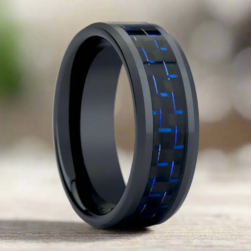 Hawthorn | Black Tungsten Ring, Blue Carbon Fiber Inlay, Beveled 1