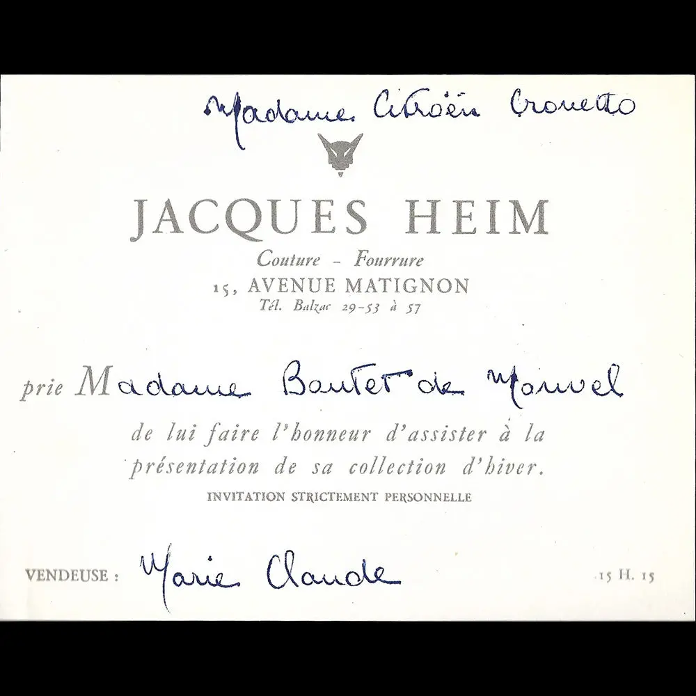 Jacques Heim - Carton D'invitation De La Maison De Couture, 15 Avenue Montaigne À Paris (1950S) 1