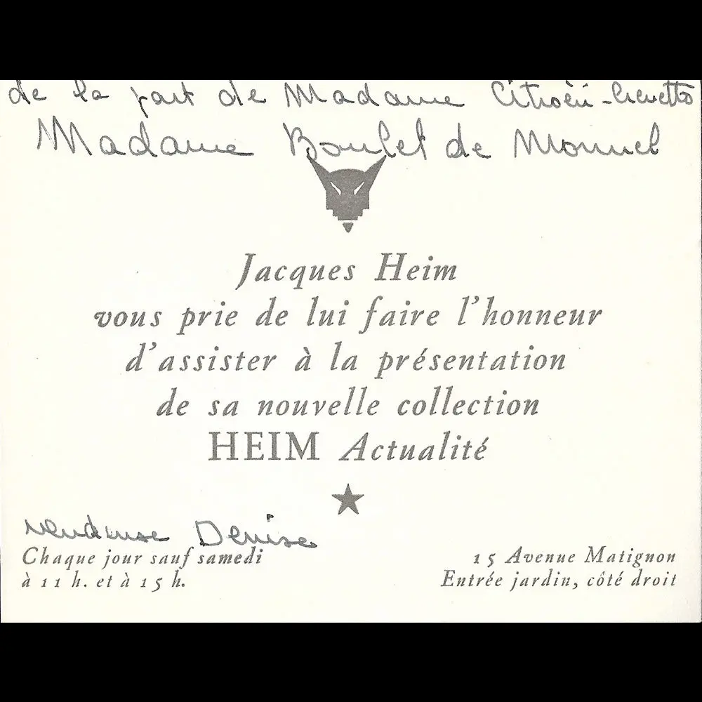 Jacques Heim - Carton D'invitation De La Maison De Couture, 15 Avenue Montaigne À Paris (1950S) 1