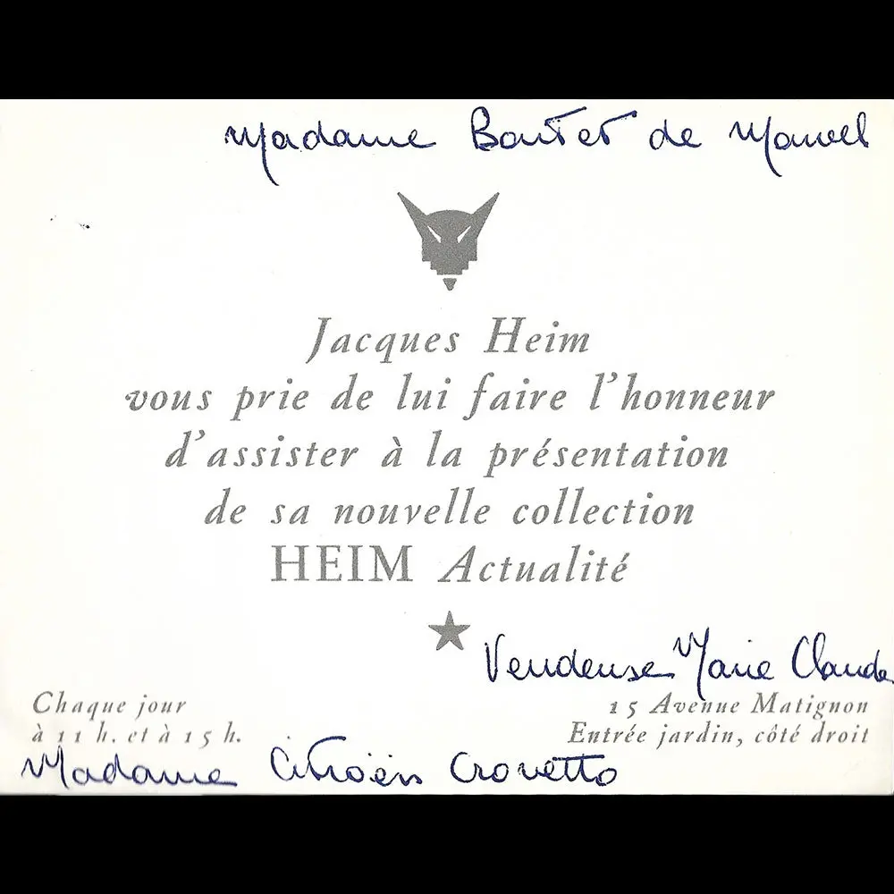 Jacques Heim - Carton D'invitation De La Maison De Couture, 15 Avenue Montaigne À Paris (1950S) 1