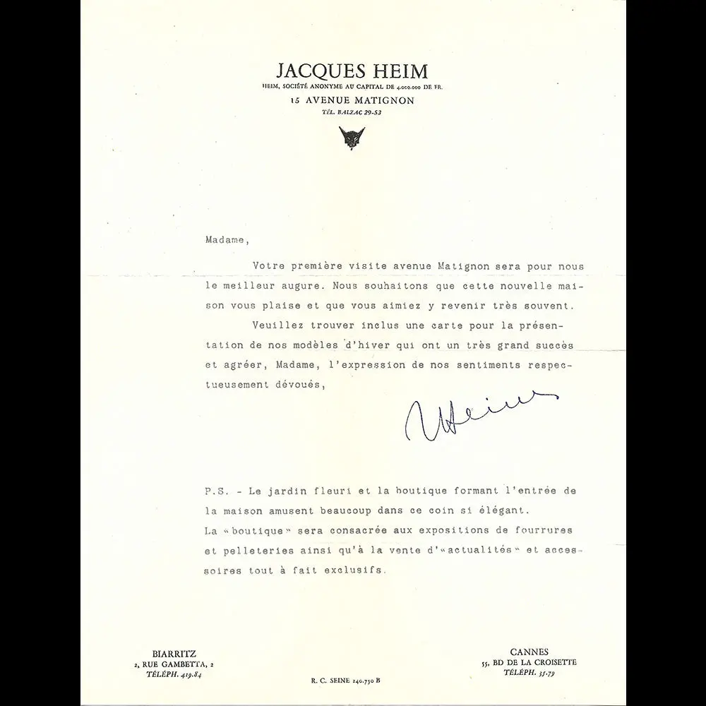Heim - Lettre De La Maison De La Maison De Couture, 15 Avenue Matignon, Paris (1950S) 1