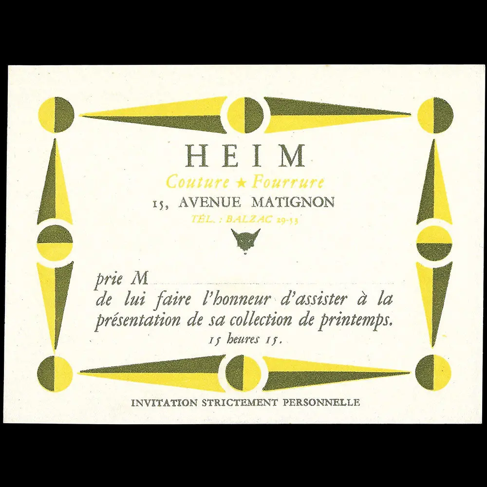 Heim - Printemps, Carte De La Maison Heim, Couture - Fourrure, 15 Avenue Matignon À Paris (Circa 1940S) 1