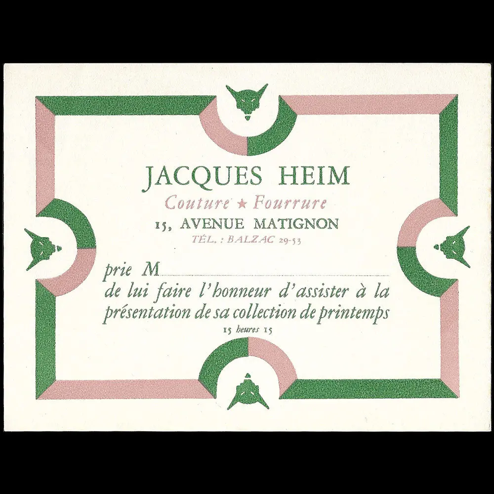 Heim - Printemps, Carte De La Maison Heim, Couture - Fourrure, 15 Avenue Matignon À Paris (Circa 1940S) 1