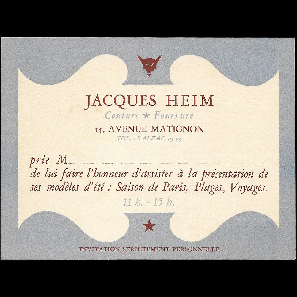 Heim - Eté, Carte De La Maison Heim, Couture - Fourrure, 15 Avenue Matignon À Paris (Circa 1940-1945) 1