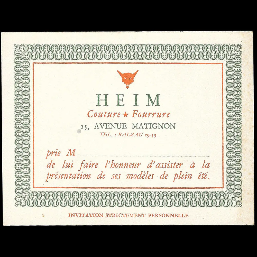 Heim - Eté, Carte De La Maison Heim, Couture - Fourrure, 15 Avenue Matignon À Paris (Circa 1940S) 1