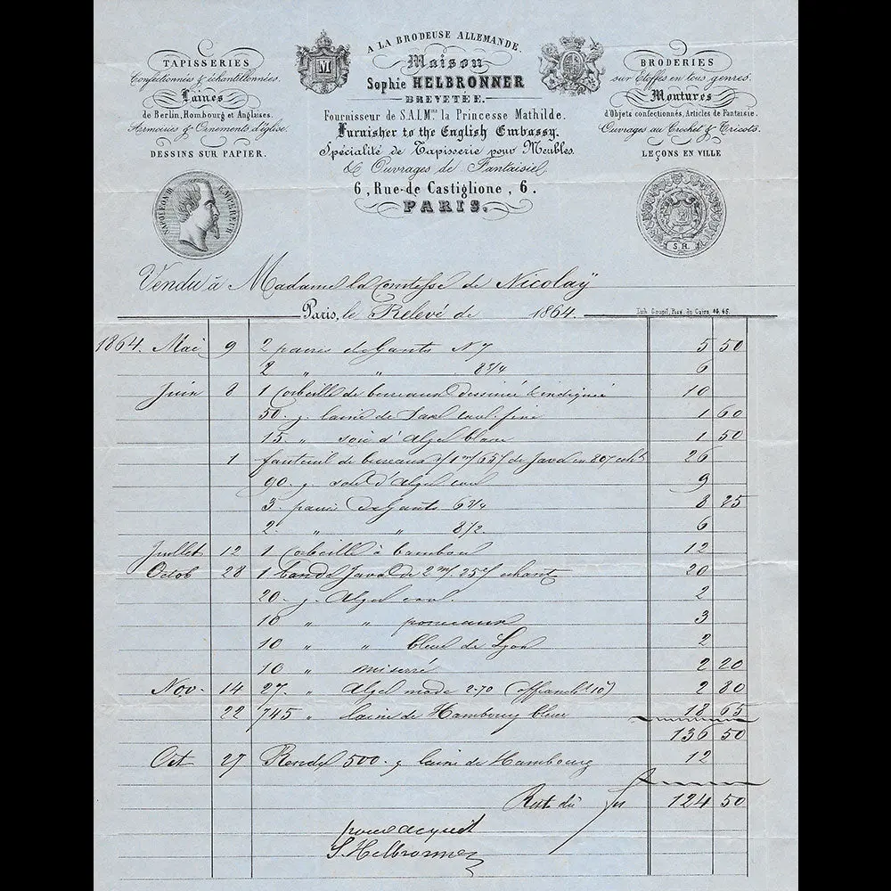 Sophie Helbronner - Facture De La Maison De Broderie Et Tapisserie, 6 Rue Castiglione À Paris (1864) 1