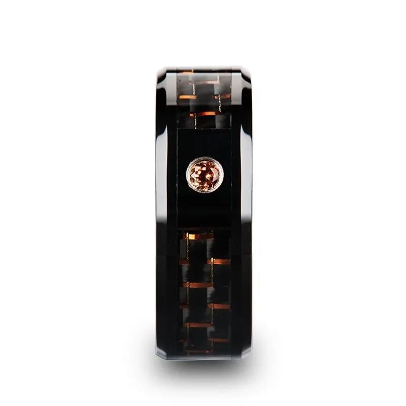 Helsing | Black Ceramic Ring, Orange Padparadscha Stone, Black & Orange Carbon Fiber Inlay, Beveled 2