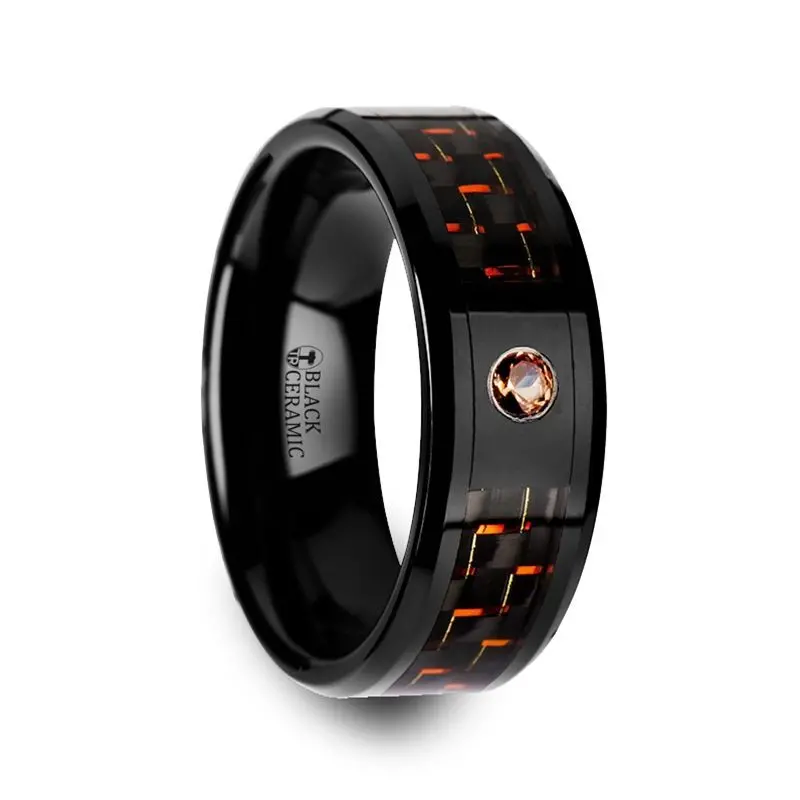 Helsing | Black Ceramic Ring, Orange Padparadscha Stone, Black & Orange Carbon Fiber Inlay, Beveled 1
