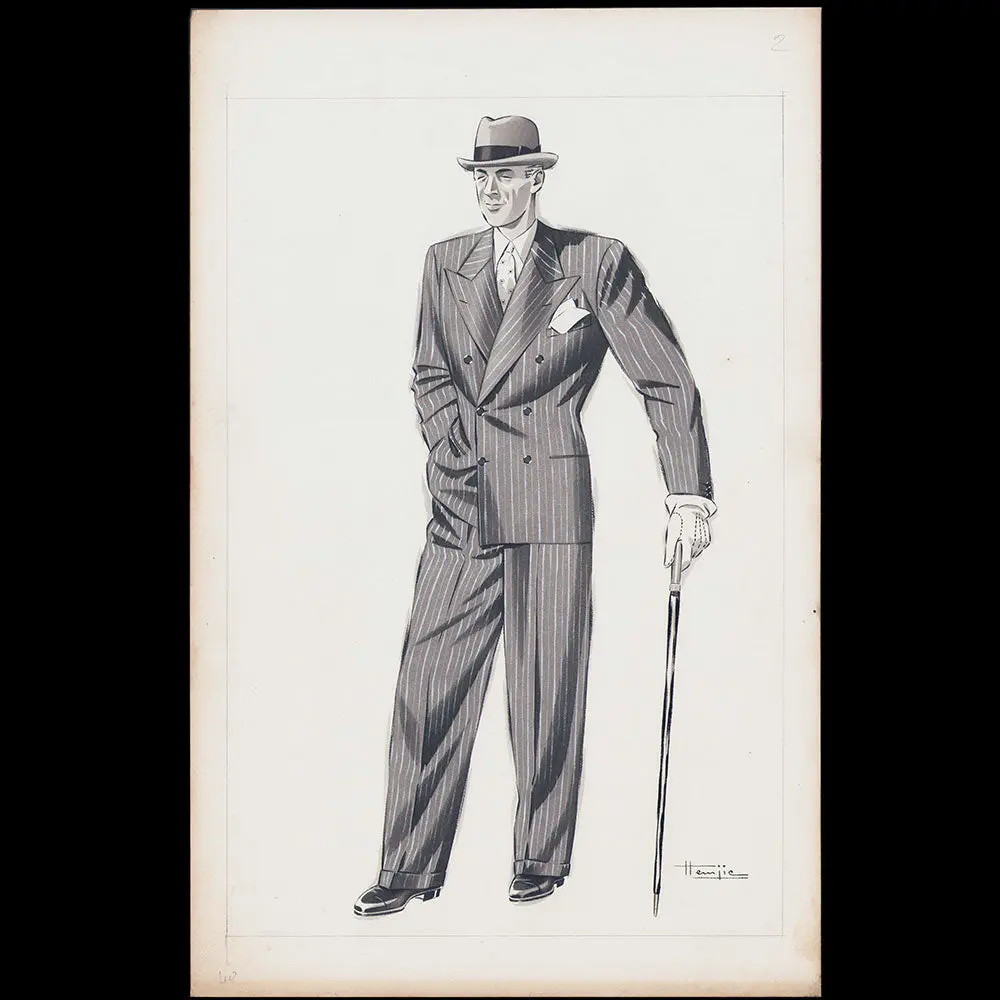 Marcel Hemjic - Elégant En Costume Rayé Croisé, Dessin Pour L'homme Moderne, Numéro Spécial De L'exposition Internationale Des Arts Et Techniques Dans La Vie Moderne (1937) 1