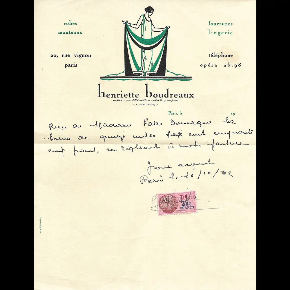 Henriette Boudreaux - Facture De La Maison De Couture, 20 Rue Vignon À Paris (1922) 1