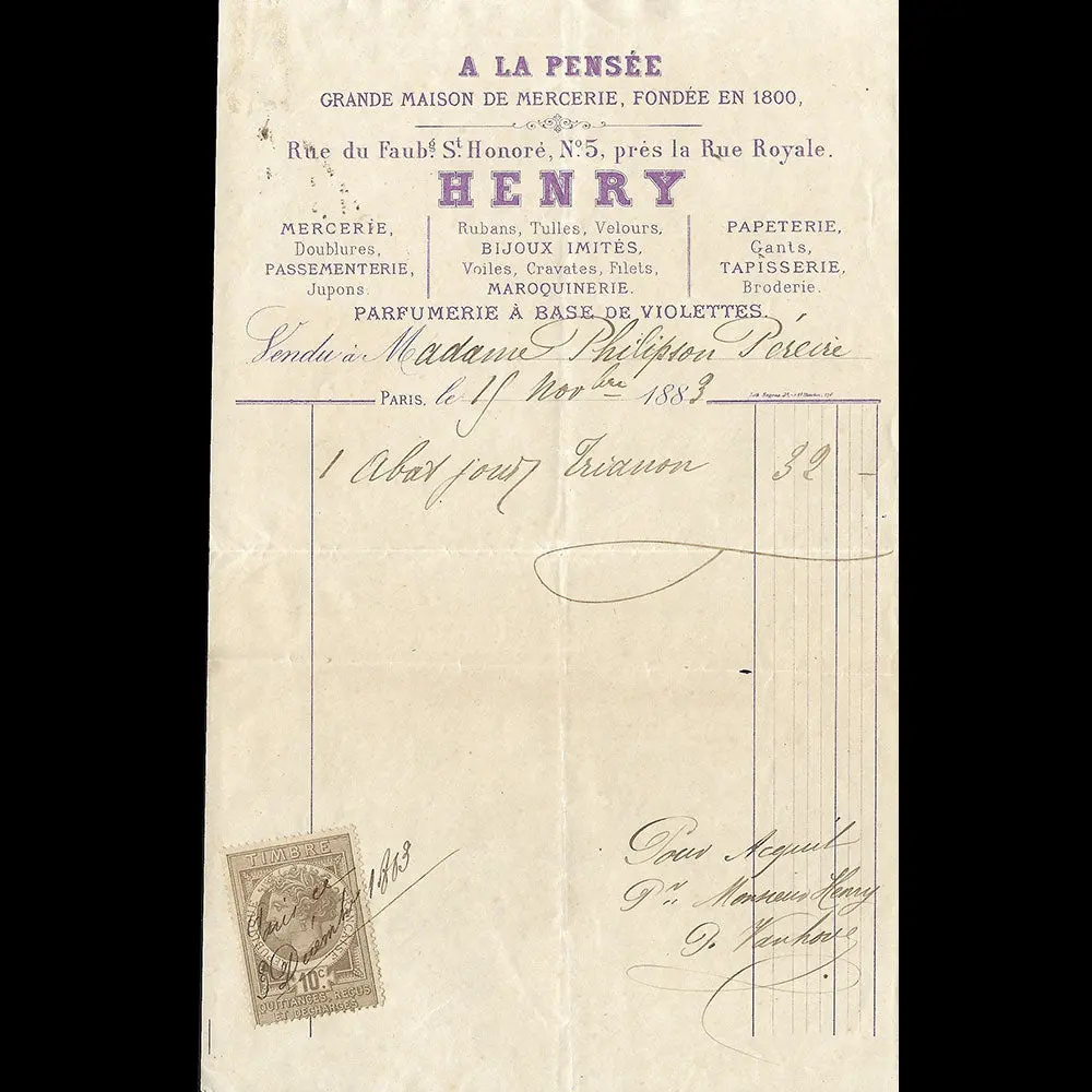 Henry À La Pensée - Facture De La Maison De Hautes Nouveautés, 5 Faubourg Saint-Honoré À Paris (1883) 1