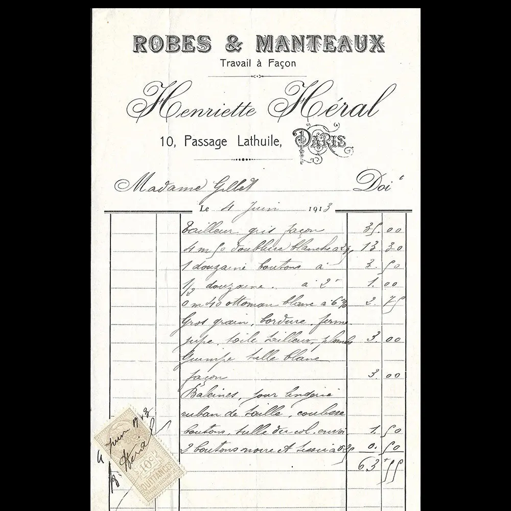 Henriette Héral - Facture De La Maison De Couture, 10 Passage Lathuile À Paris (1913) 1