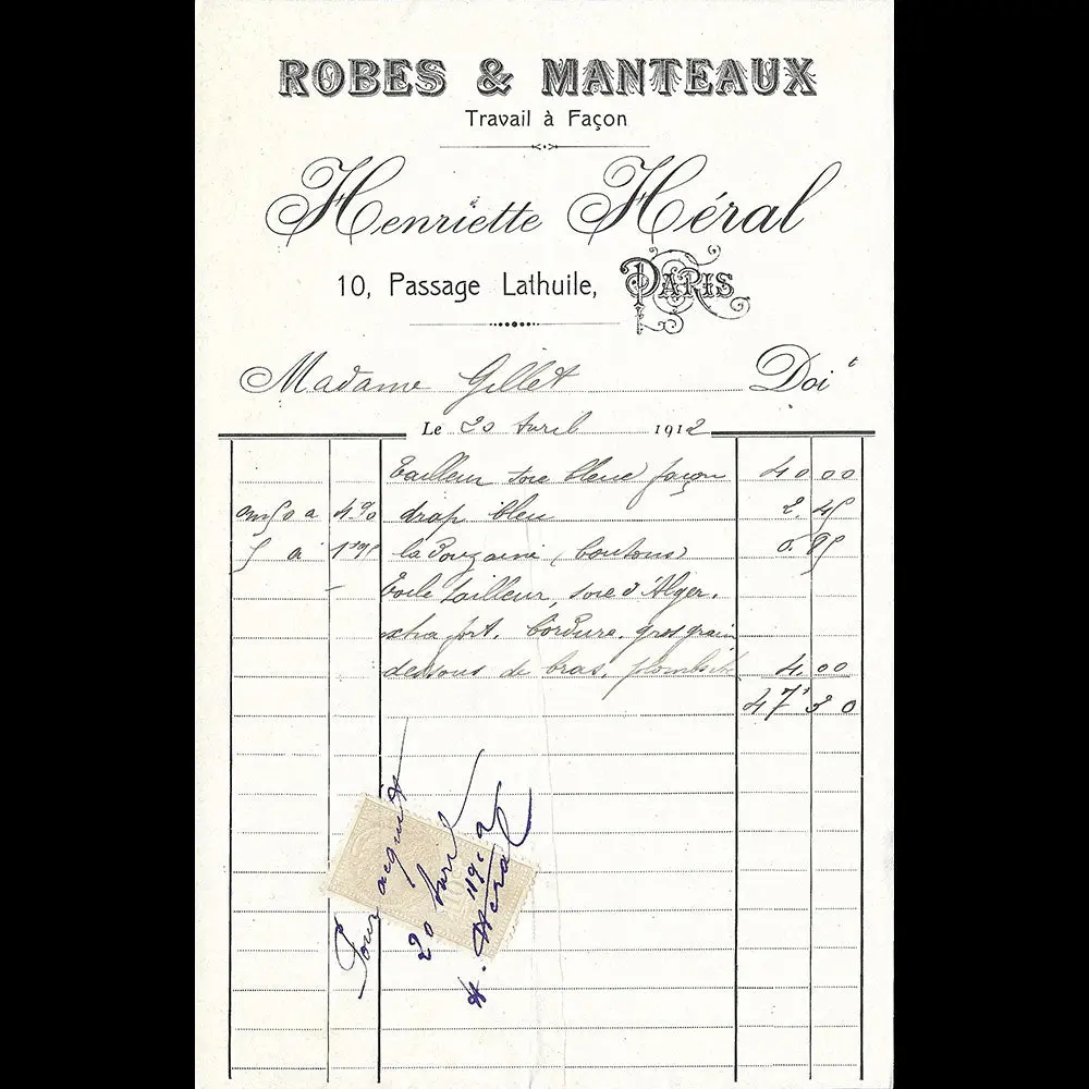 Henriette Héral - Facture De La Maison De Couture, 10 Passage Lathuile À Paris (1912) 1