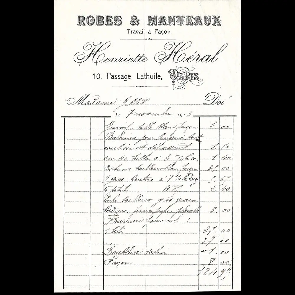 Henriette Héral - Facture De La Maison De Couture, 10 Passage Lathuile À Paris (1913) 1