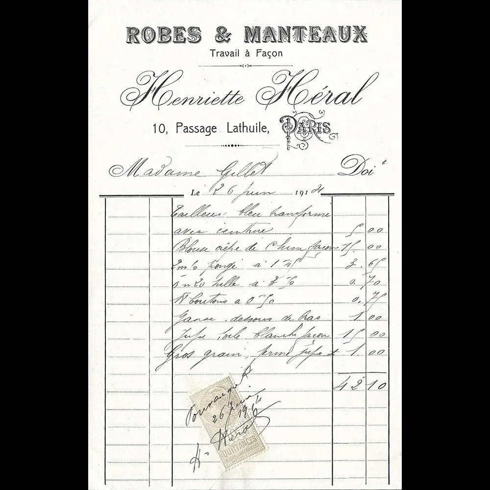 Henriette Héral - Facture De La Maison De Couture, 10 Passage Lathuile À Paris (1914) 1