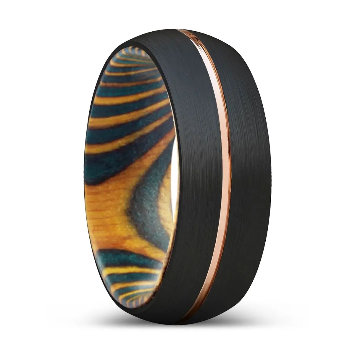 Hermen | Green & Yellow Wood, Black Tungsten Ring, Rose Gold Groove, Domed 1