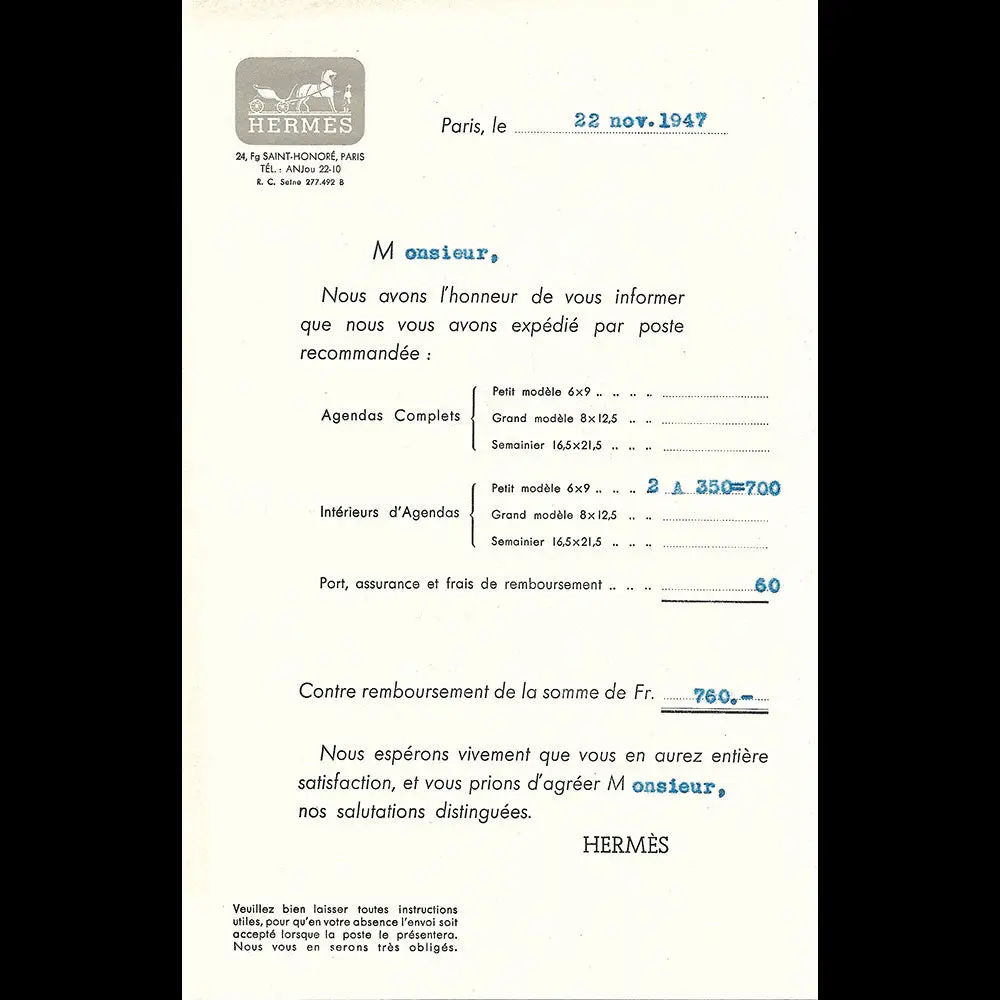 Hermès - Facture De La Maison Hermes 24 Faubourg Saint-Honoré À Paris (1947) 1