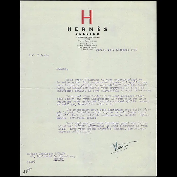 Hermes Sellier - L'elégance Et Le Confort Pour Le Sport Et Le Voyage, Correspondance Illustrée (1928) 1