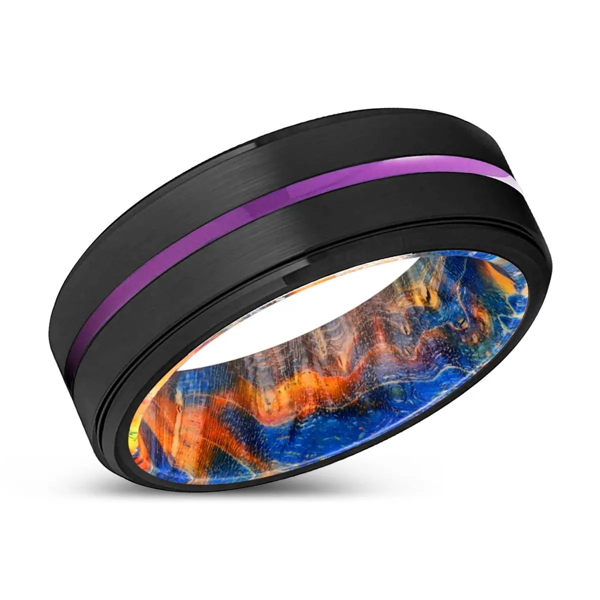 Hervey | Blue & Yellow/Orange Wood, Black Tungsten Ring, Purple Groove, Stepped Edge 2