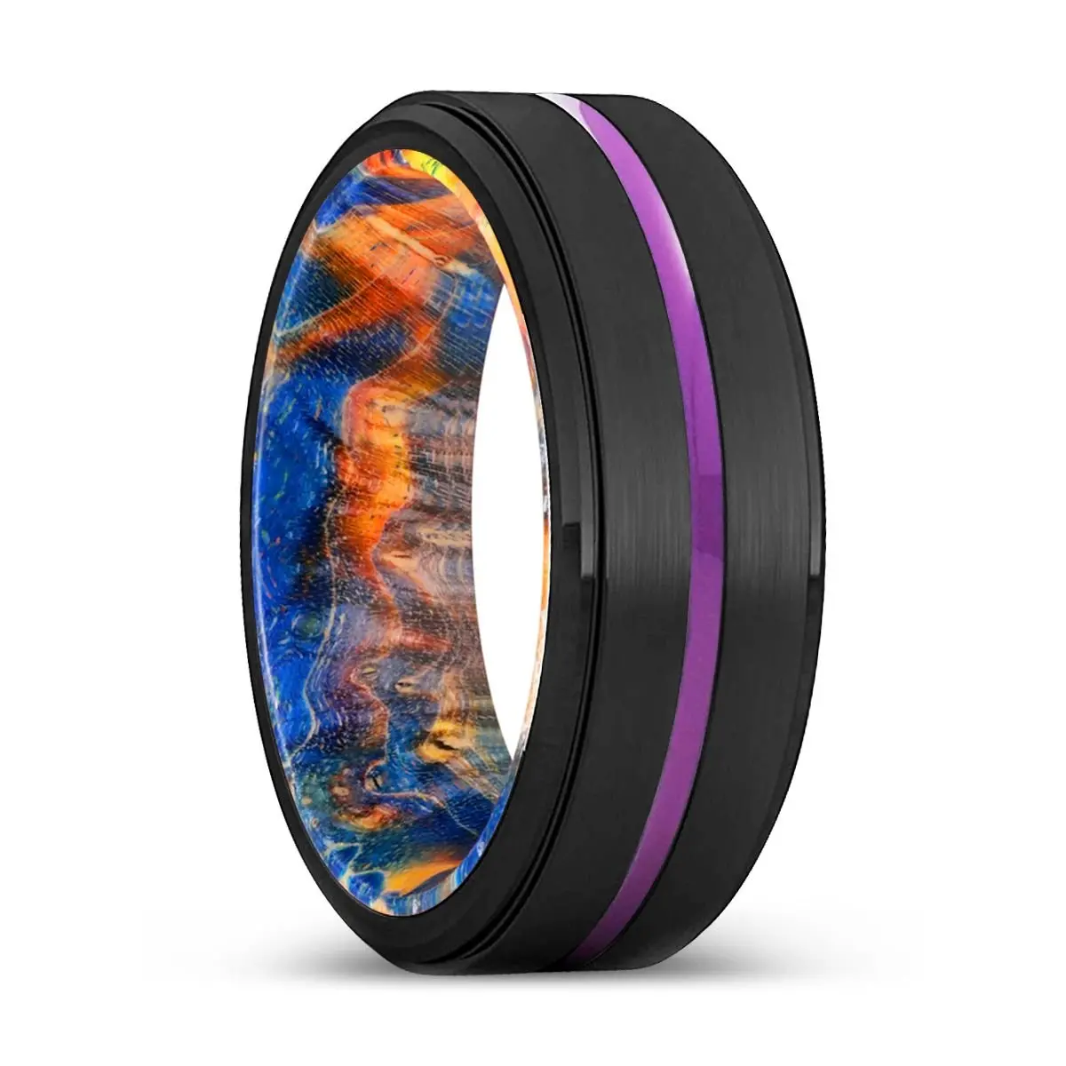 Hervey | Blue & Yellow/Orange Wood, Black Tungsten Ring, Purple Groove, Stepped Edge 1