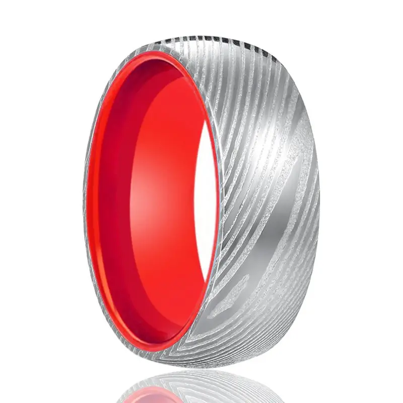 Hibiscus | Red Ring, Silver Damascus Steel, Domed 1