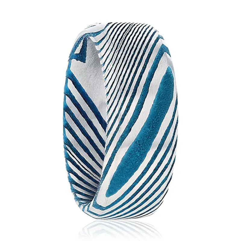 Hicket Blue Damascus Steel Men's Wedding Band With Bevels & Brushed Finish - 6Mm - 8Mm 1