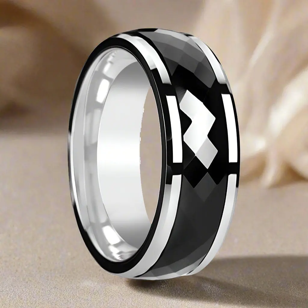 Hickok | Silver Tungsten Ring, Black Ceramic Fidget Spinner, Diamond Faceted 1