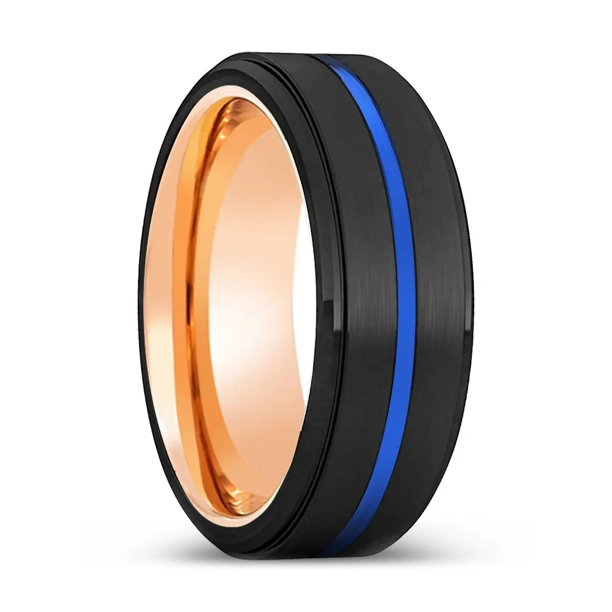 Higa | Rose Gold Ring, Black Tungsten Ring, Blue Groove, Stepped Edge 1