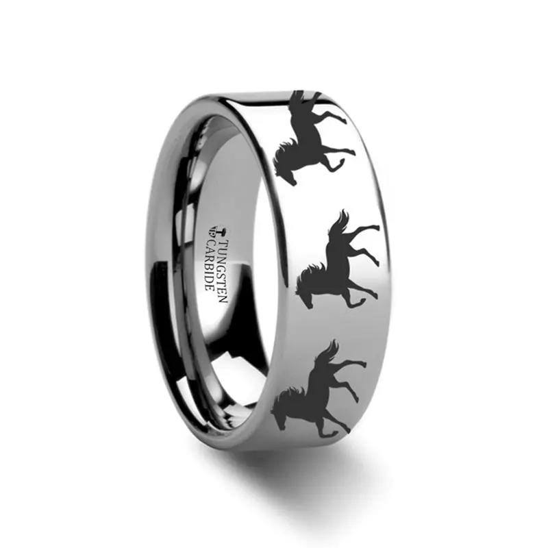 High Polished Flat Tungsten Wedding Band For Men And Women With Laser Engraved Horse Print - 4Mm - 12Mm 1