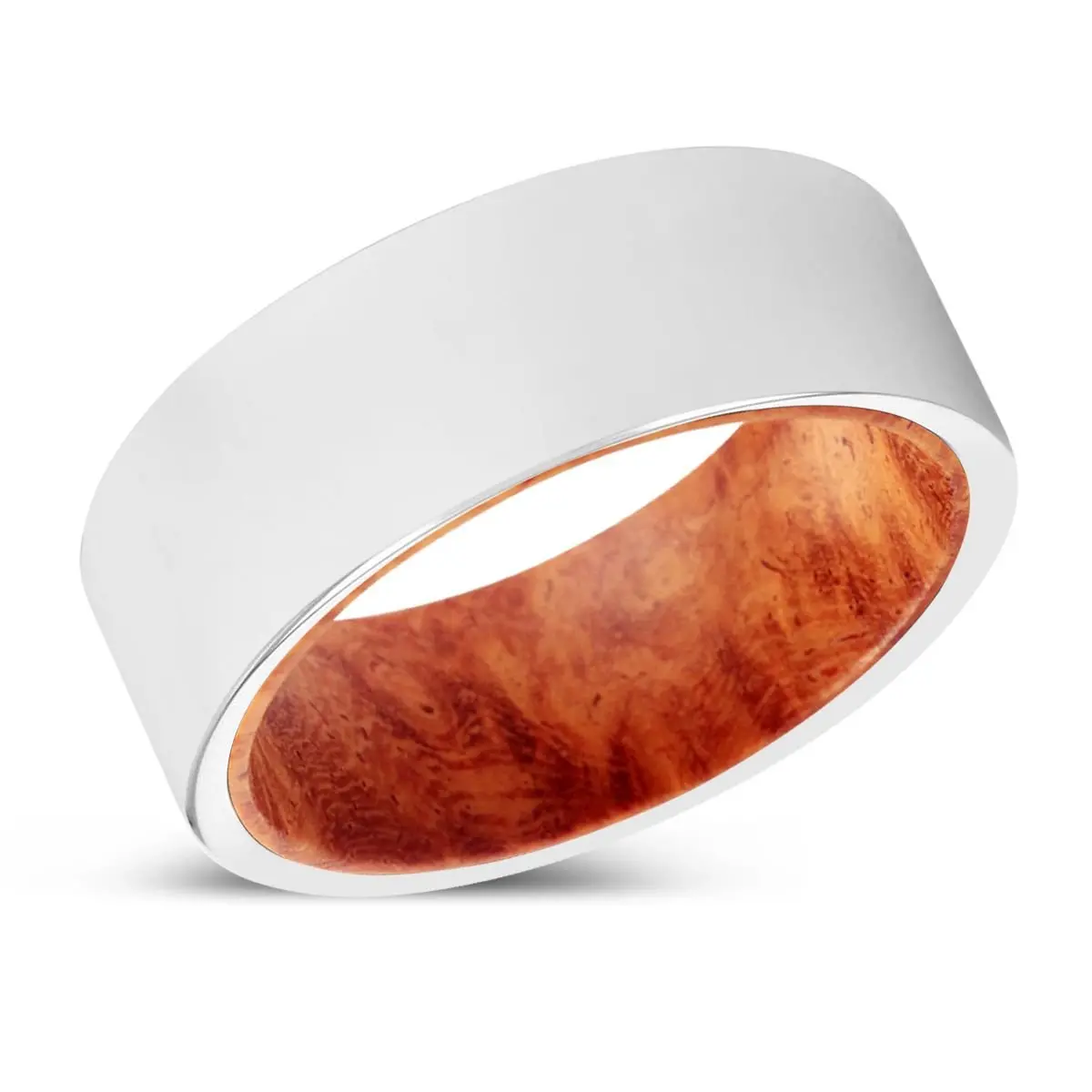 Hilario | Red Burl Wood, Silver Tungsten Ring, Shiny, Flat 2