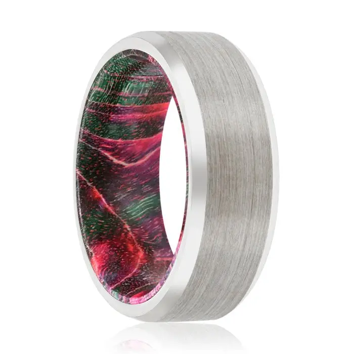 Hiram | Green & Red Wood, Silver Tungsten Ring, Brushed, Beveled 1