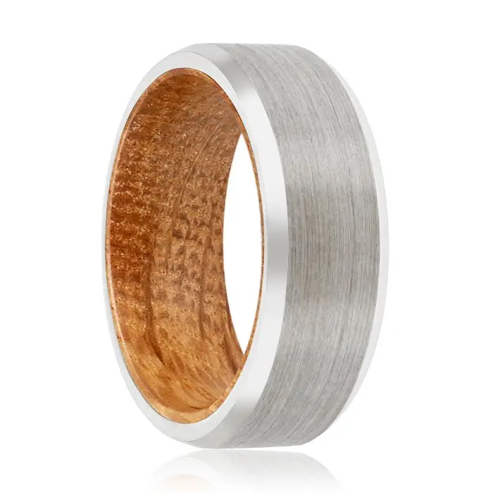 Hoffman | Whiskey Barrel Wood, Silver Tungsten Ring, Brushed, Beveled 1