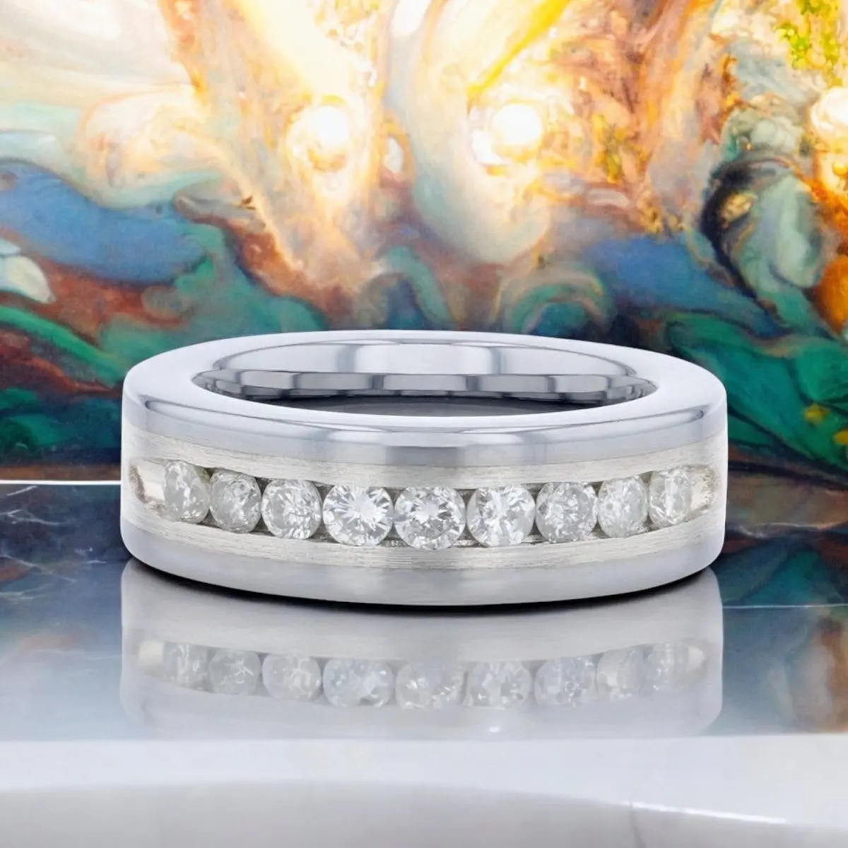 Holden | Silver Tungsten Ring, Sterling Inlay, White Diamonds, Flat 4