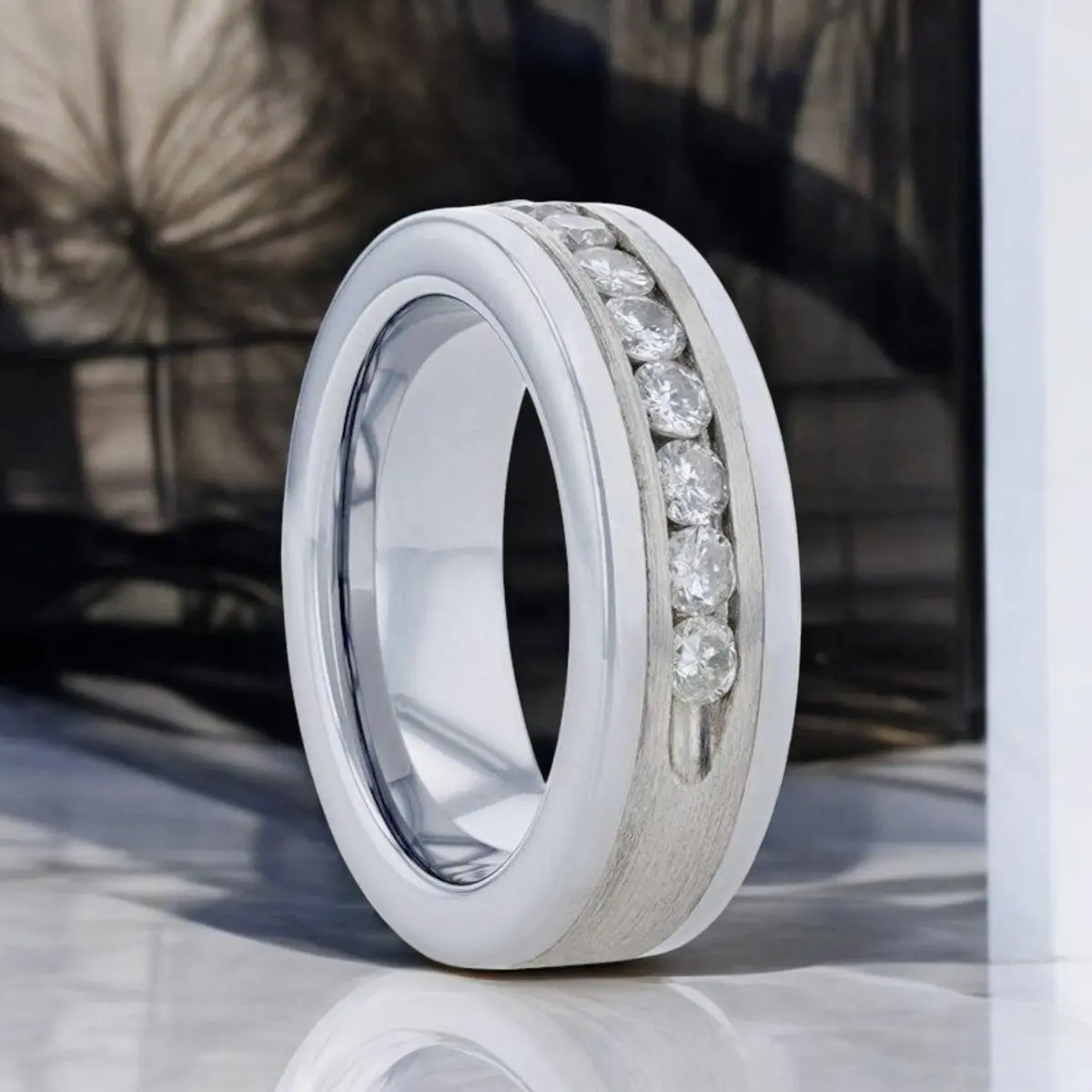 Holden | Silver Tungsten Ring, Sterling Inlay, White Diamonds, Flat 1