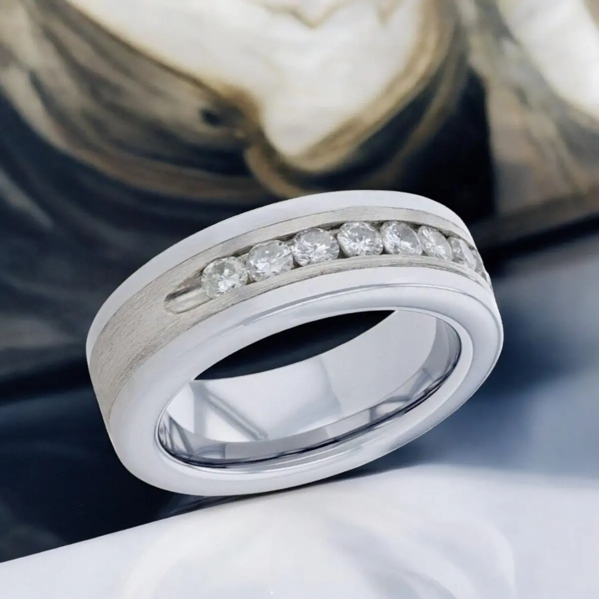 Holden | Silver Tungsten Ring, Sterling Inlay, White Diamonds, Flat 2