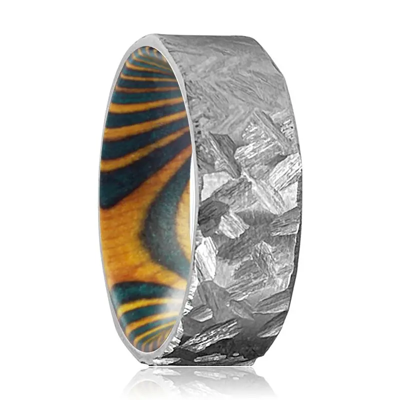 Hollow | Green And Yellow Wood, Silver Titanium Ring, Hammered, Flat 1