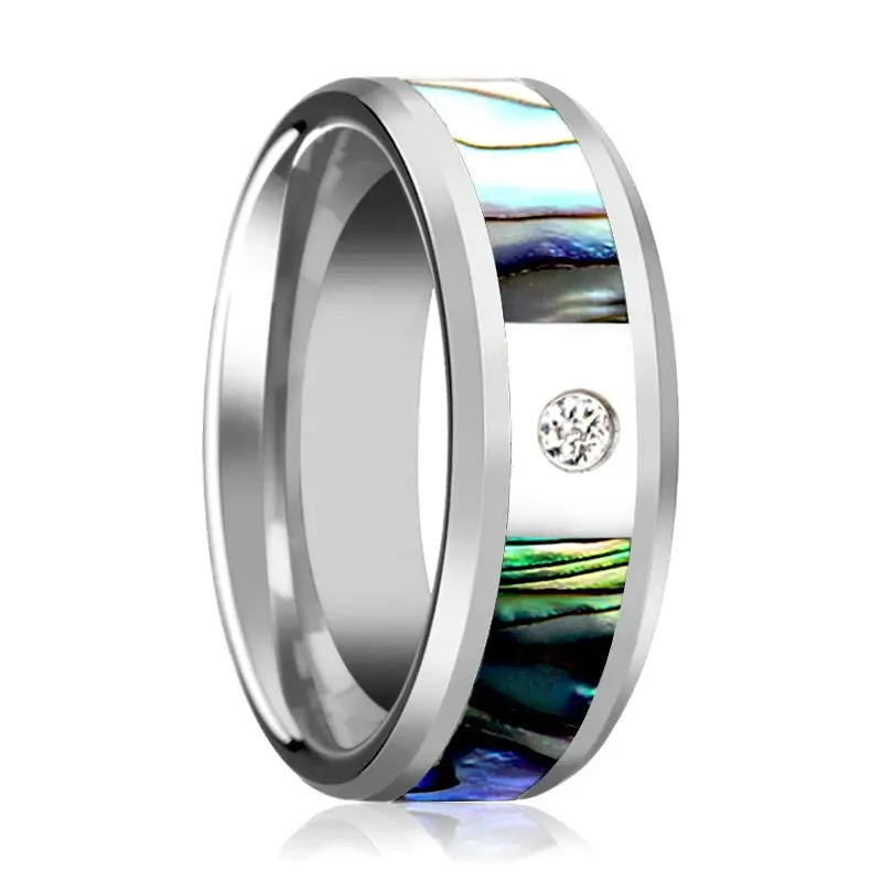Honolulu | Tungsten Ring, Mother Of Pearl Inlay, Diamond, Beveled 1