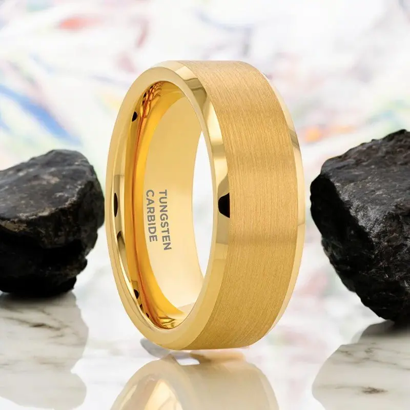 Honor | Gold Tungsten Ring, Brushed Center, Beveled 1