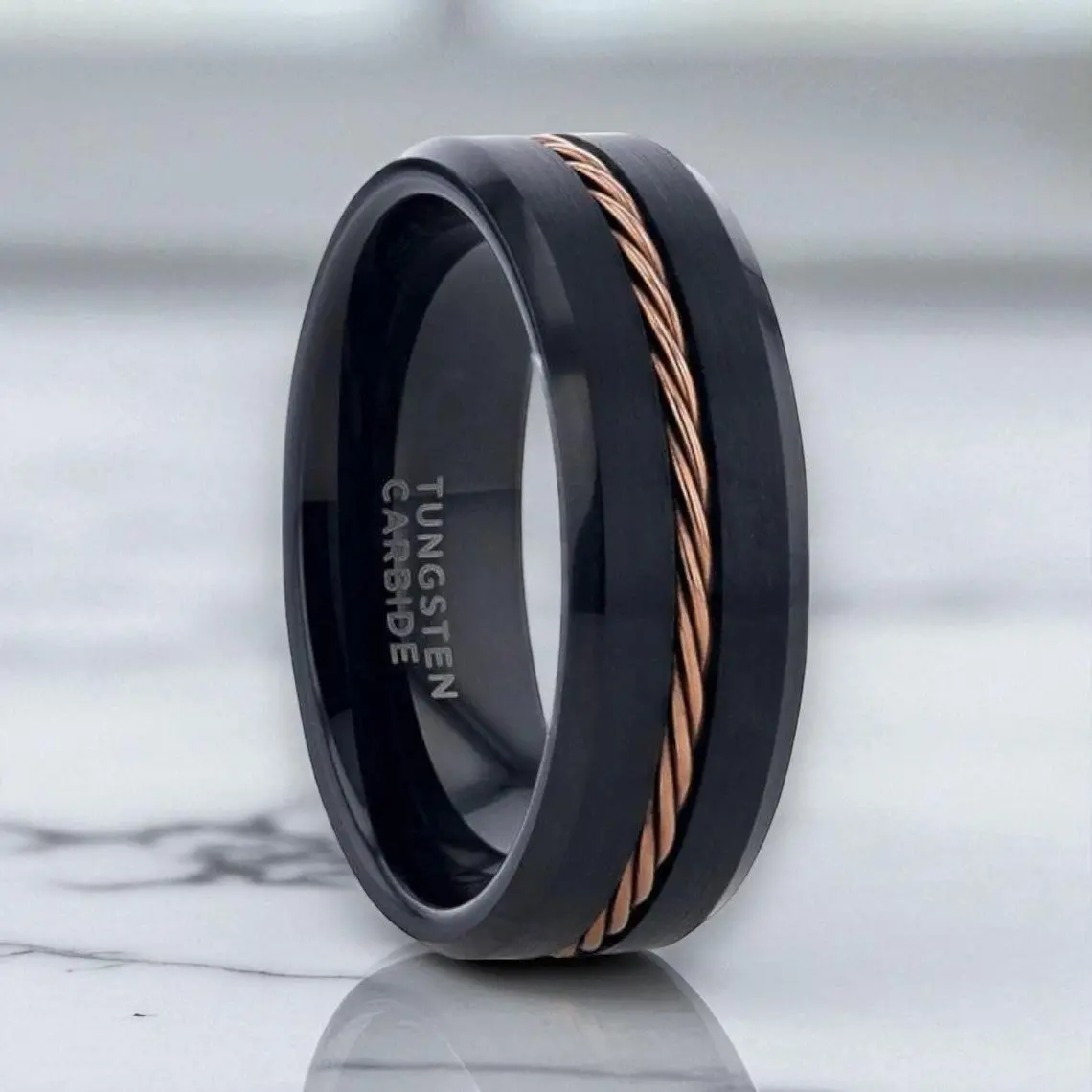 Horatio | Black Tungsten Rose Gold Braided Wedding Band 1