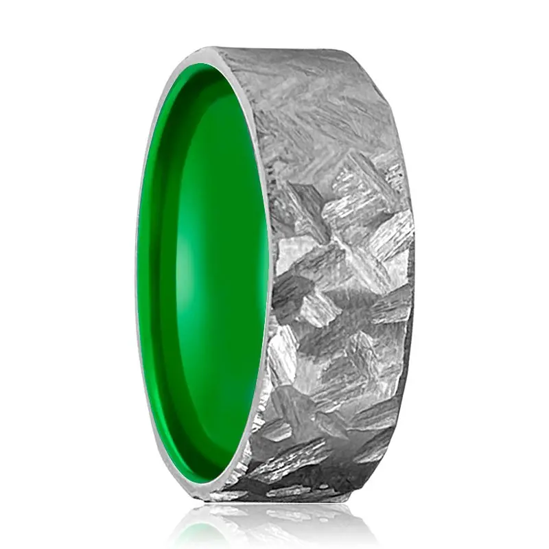 Hornet | Green Ring, Silver Titanium Ring, Hammered, Flat 1